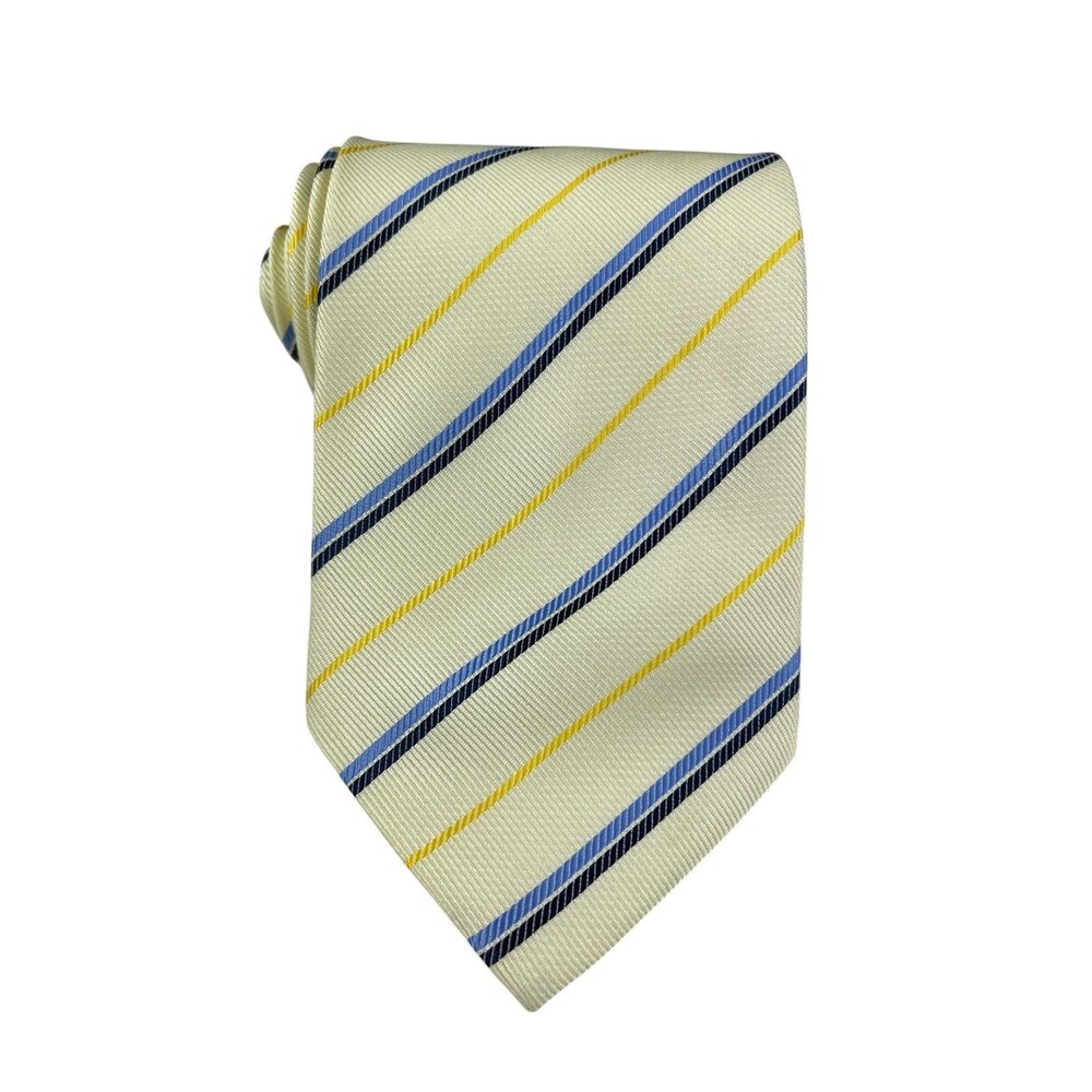 Kailong Men’s Necktie 100% Silk 4" x 59" Yellow Blue Striped Handmade Classic